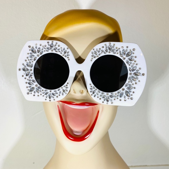 Giant Glam Girl White Rhinestone Encrusted Oversized Sunglasses - Picture 1 of 6